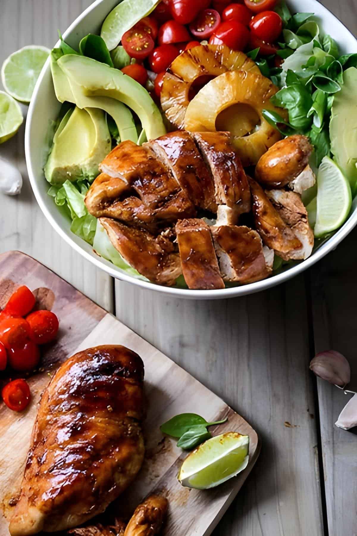 Top side view image of Lime and Garlic Barbecue Chicken Salad in a bowl