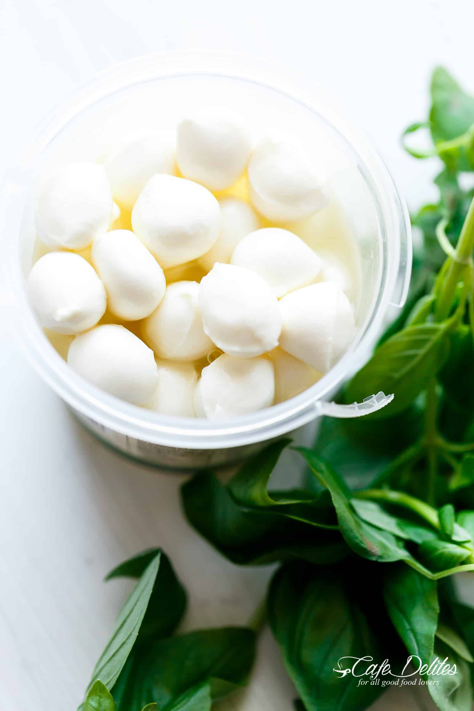 Mozzarella cheese and basil on Caprese crostini make the best appetizers!