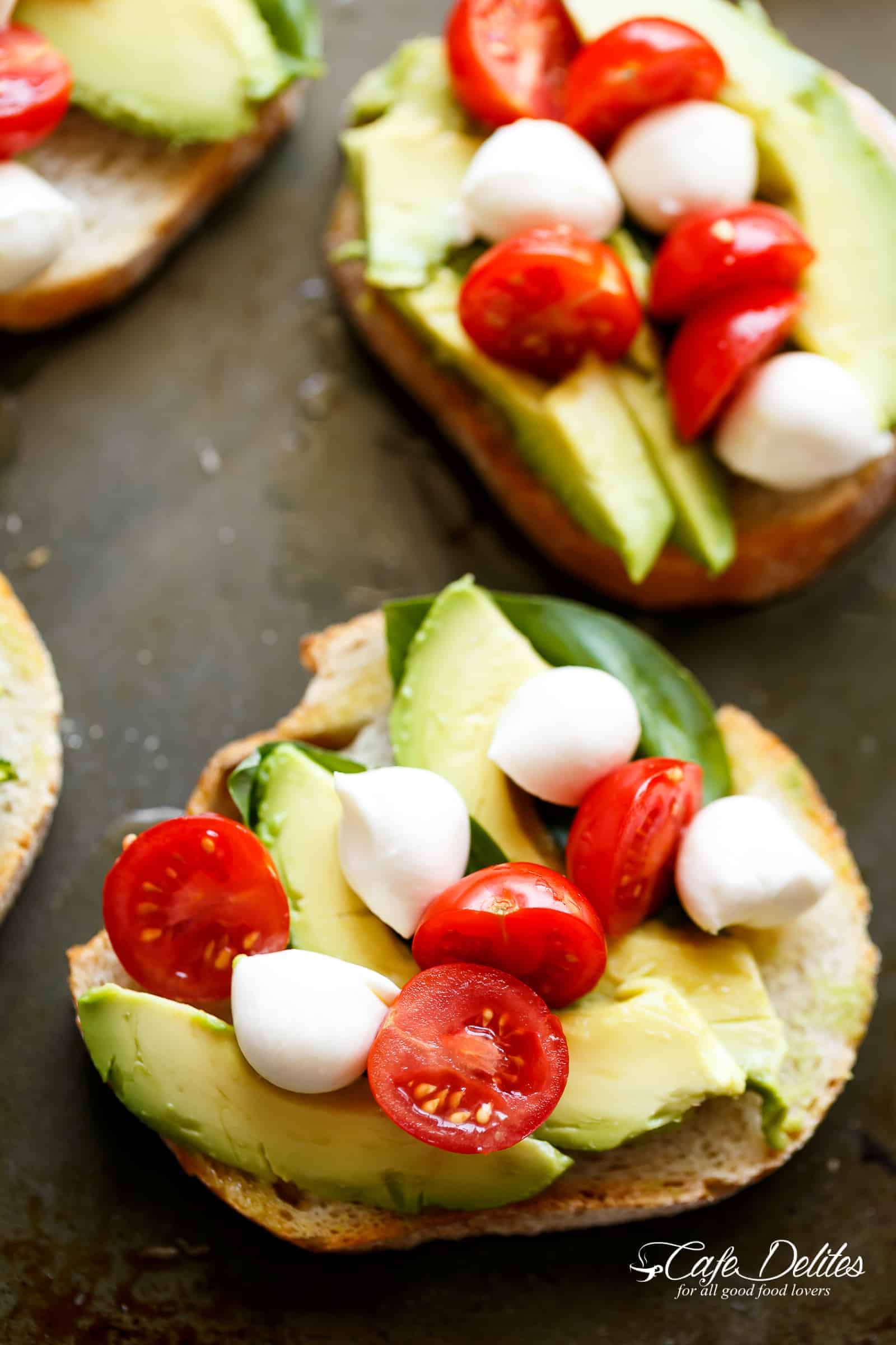 Grilled Avocado Caprese Crostini are the ultimate EASY appetizers or snacks to kick off a  Grilled Avocado Caprese Crostini