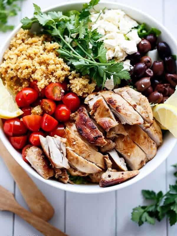 Balsamic Chicken Salad with Lemon Quinoa in a bowl
