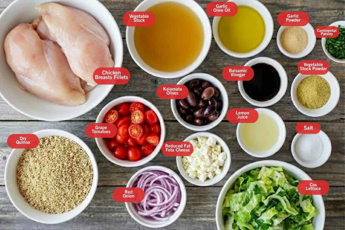 Flat lay photo of ingredient shot of chicken breasts fillets, vegetable stock, garlic olive oil, garlic powder, continental parsley, vegetable stock powder, salt, cos lettuce, lemon juice, balsamic vinegar, reduced fat feta cheese, red onion, grape tomatoes, dry quinoa, kalamata olives, salt, lemon juice - 2
