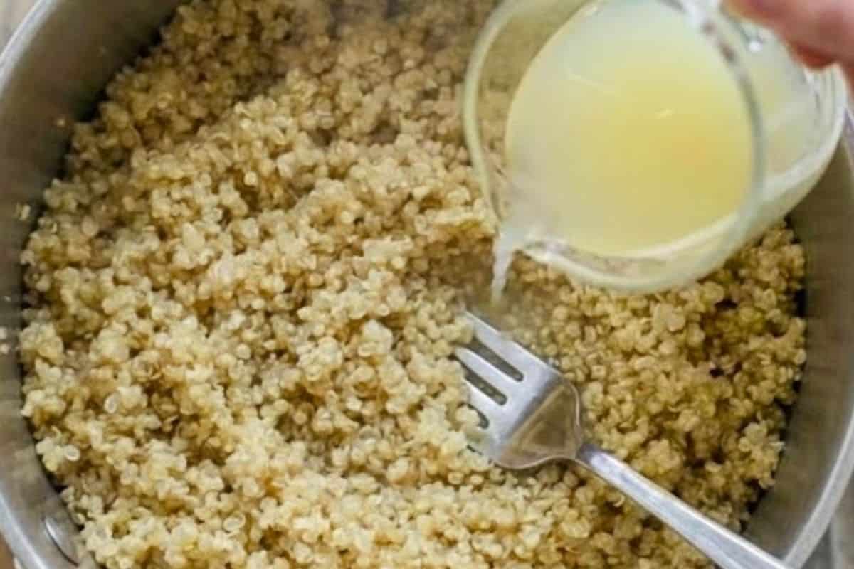 Take the pan off the heat and keep it covered so the quinoa can steam. After a couple of minutes, fluff it with a fork and stir in the lemon juice. - 4