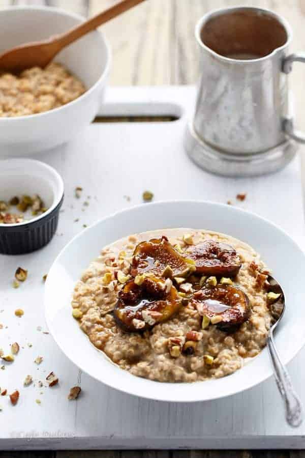 Caramelized Fig Toasted Oatmeal with crushed pistachios and pecans Caramelized Fig Toasted Oatmeal