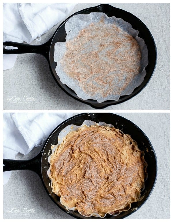 Nutella Stuffed Churro Deep Dish Skillet Cookie | https://cafedelites.com