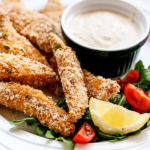 Crispy Garlic Chicken Strips with Sweet Chilli Mayo on a plate