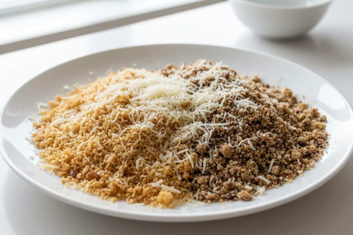 Panko crumbs, multigrain breadcrumbs, and Parmesan cheese on a plate. - 6