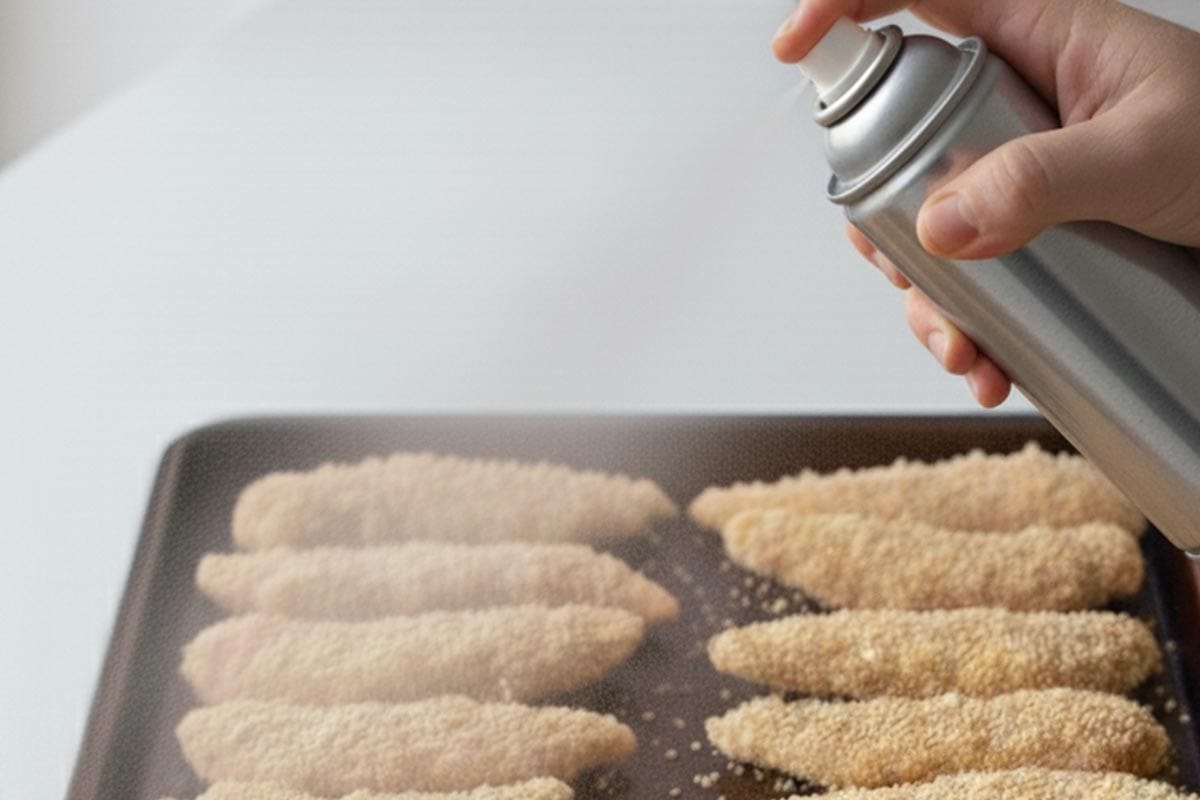 Lightly sprayed the tops of the chicken strips with cooking oil spray. - 8