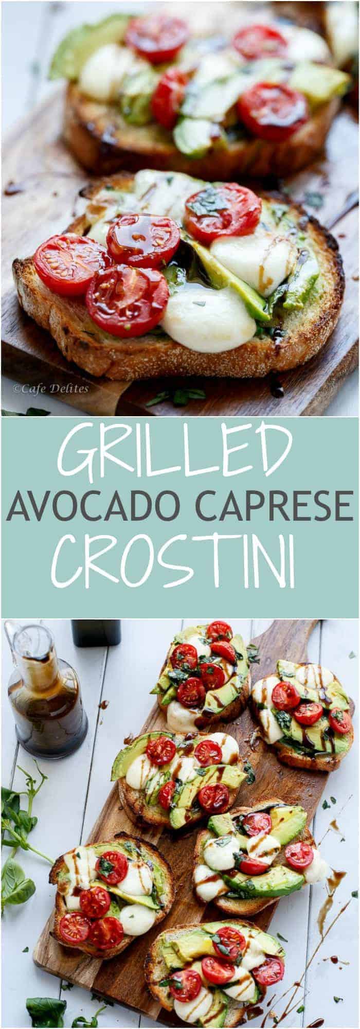 Grilled Avocado Caprese Crostini Collage | https://cafedelites.com