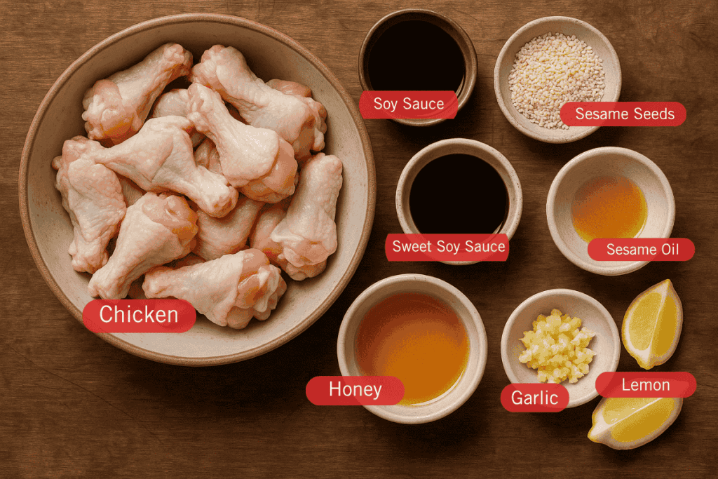 Labeled flatlay of ingredients for honey sesame chicken, including chicken drumettes, soy sauce, sweet soy sauce, honey, sesame oil, garlic, sesame seeds, and lemon wedges.