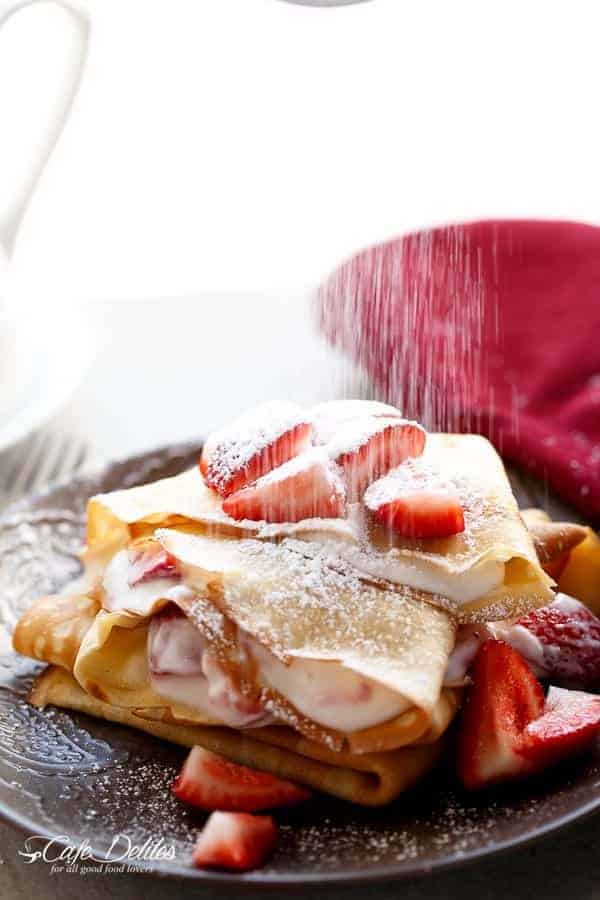 Macerated Strawberries and Cream Crepes | https://cafedelites.com