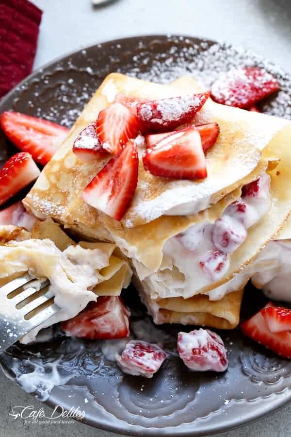 Macerated Strawberries and Cream Crepes | https://cafedelites.com