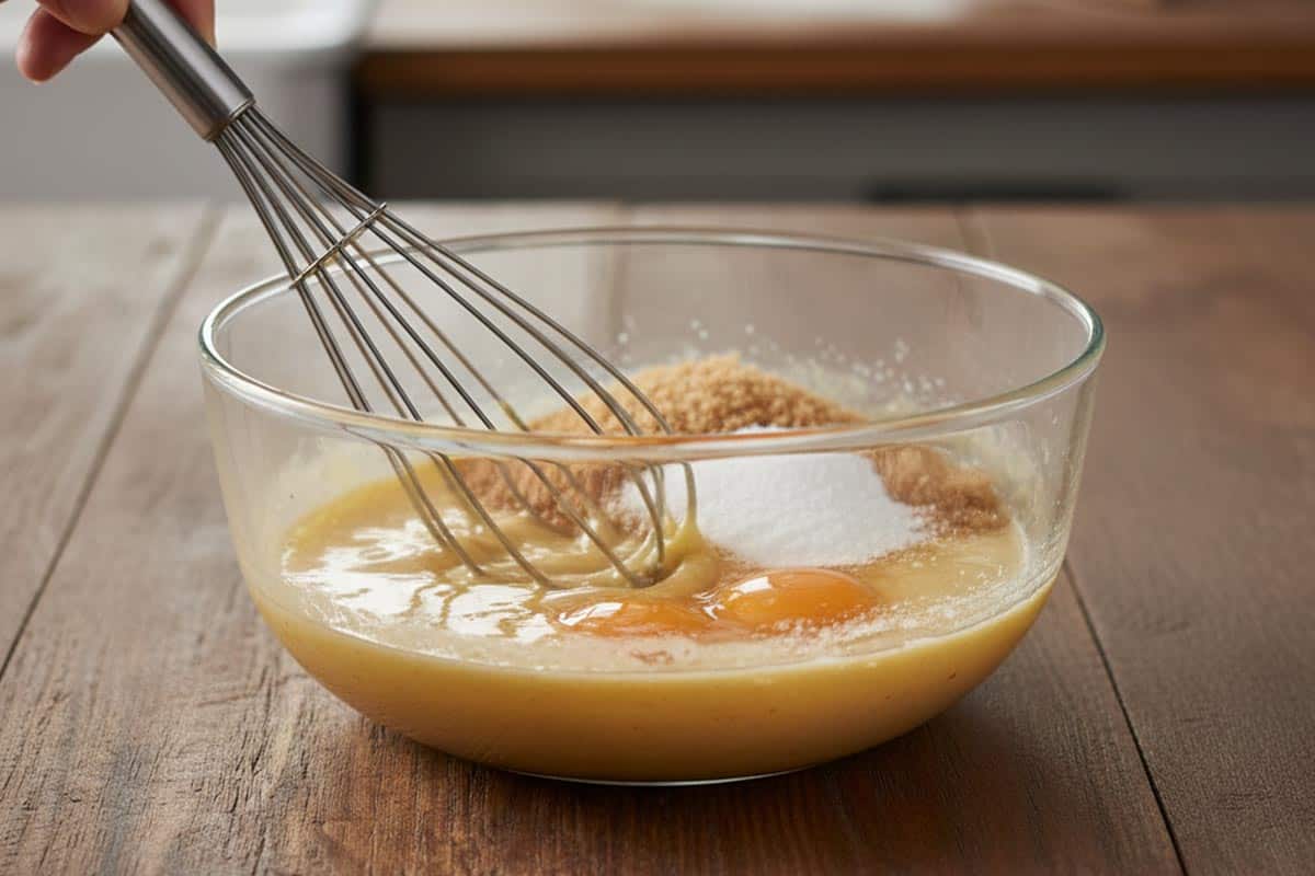 Whisking the butter, sugars, and eggs in a bowl.