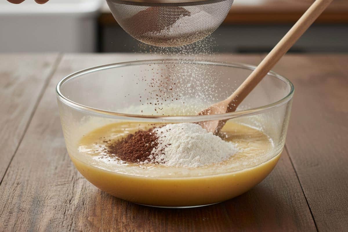 Sifting the flour and cocoa powder directly into the bowl.
