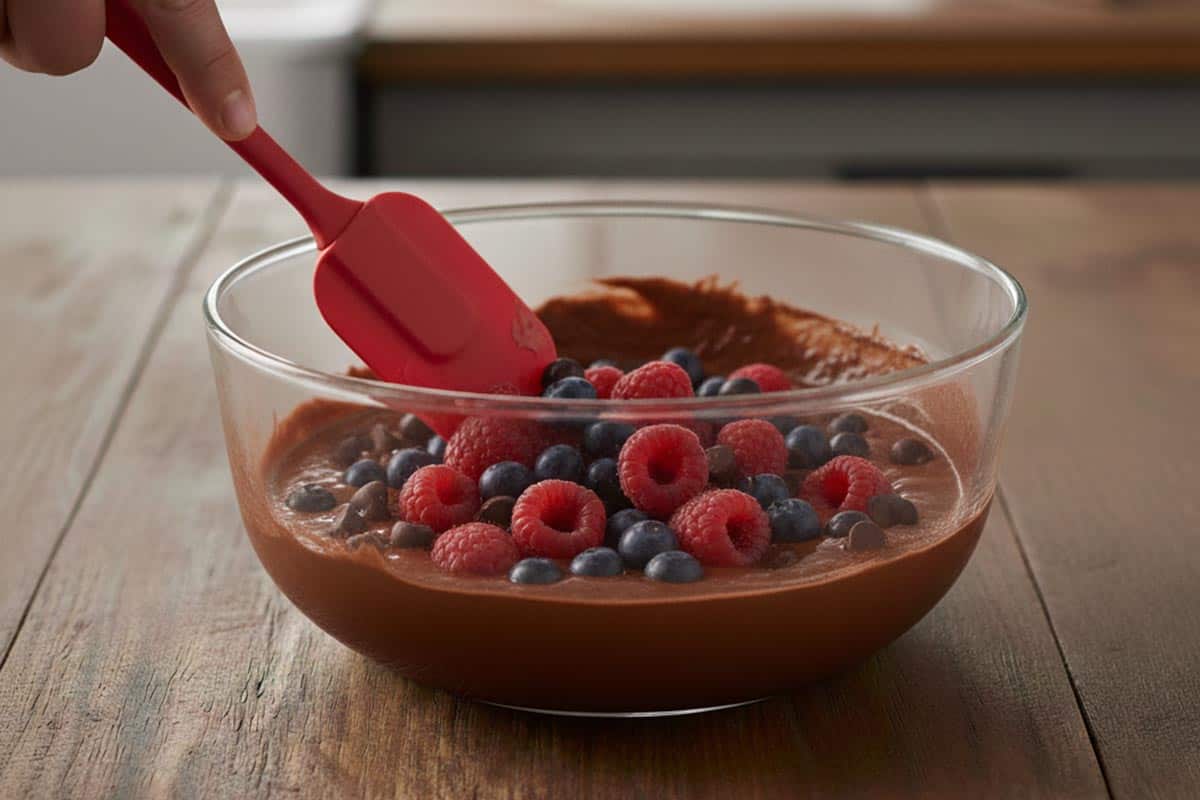 Folding in raspberries, blueberries, and chocolate chips.