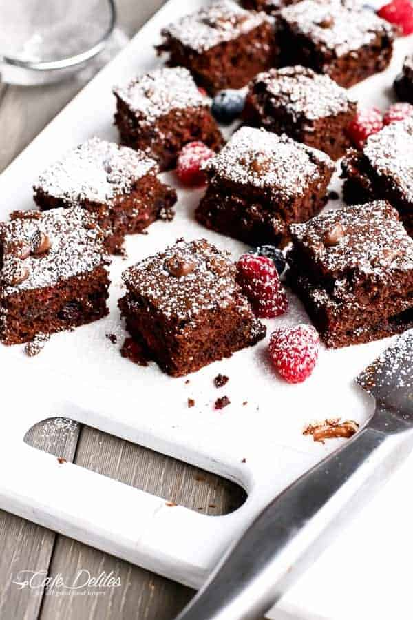 Sweet blueberries and tart raspberries baked into a chocolate Nutella brownie filled with  Mixed Berry Nutella Brownies