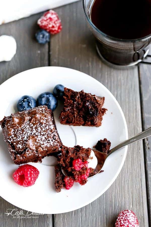 Sweet blueberries and tart raspberries baked into a chocolate Nutella brownie filled with  Mixed Berry Nutella Brownies