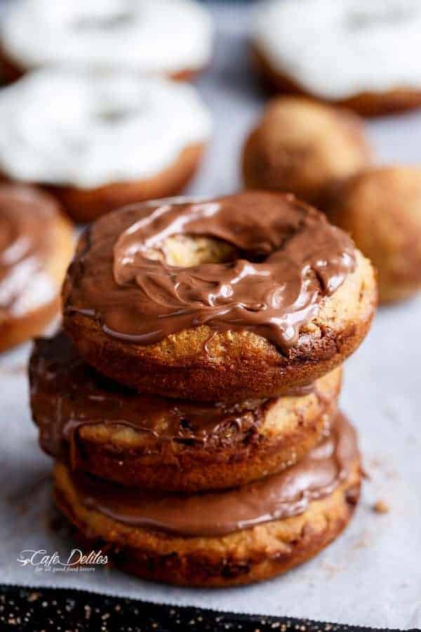 Nutella Stuffed Baked Banana Bread Donuts with Cream Cheese Frosting