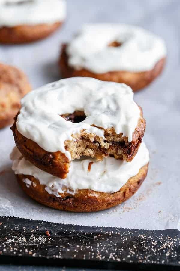 Nutella Stuffed Baked Banana Bread Donuts | https://cafedelites.com