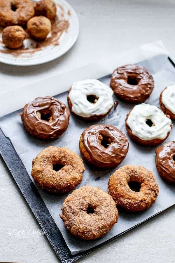 Nutella Stuffed Baked Banana Bread Donuts | https://cafedelites.com