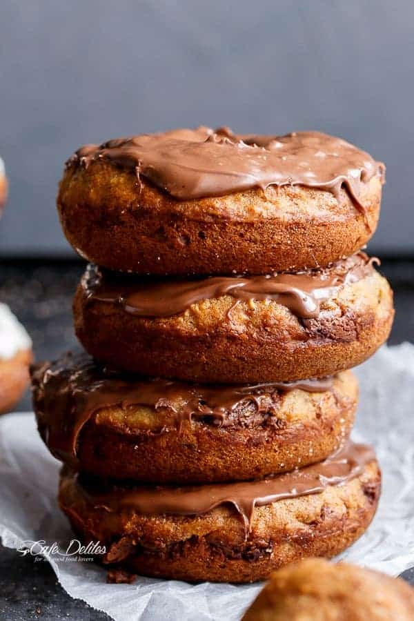 Nutella Stuffed Baked Banana Bread Donuts | https://cafedelites.com