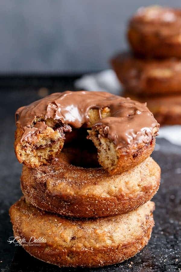 Nutella Stuffed Baked Banana Bread Donuts | https://cafedelites.com