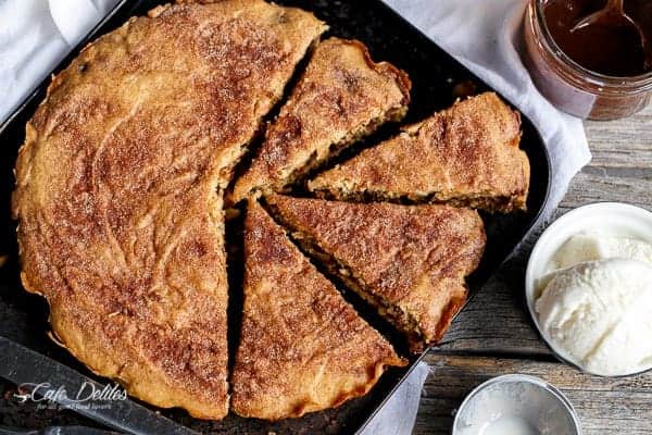 Nutella Stuffed Churro Deep Dish Skillet Cookie | https://cafedelites.com