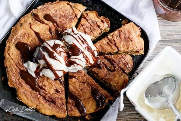 Nutella Stuffed Churro Deep Dish Skillet Cookie | https://cafedelites.com