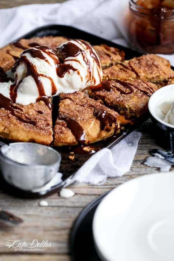 Nutella Stuffed Churro Deep Dish Skillet Cookie | https://cafedelites.com