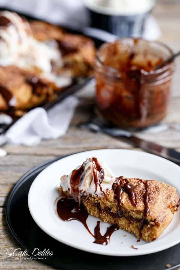 Nutella Stuffed Churro Deep Dish Skillet Cookie | https://cafedelites.com