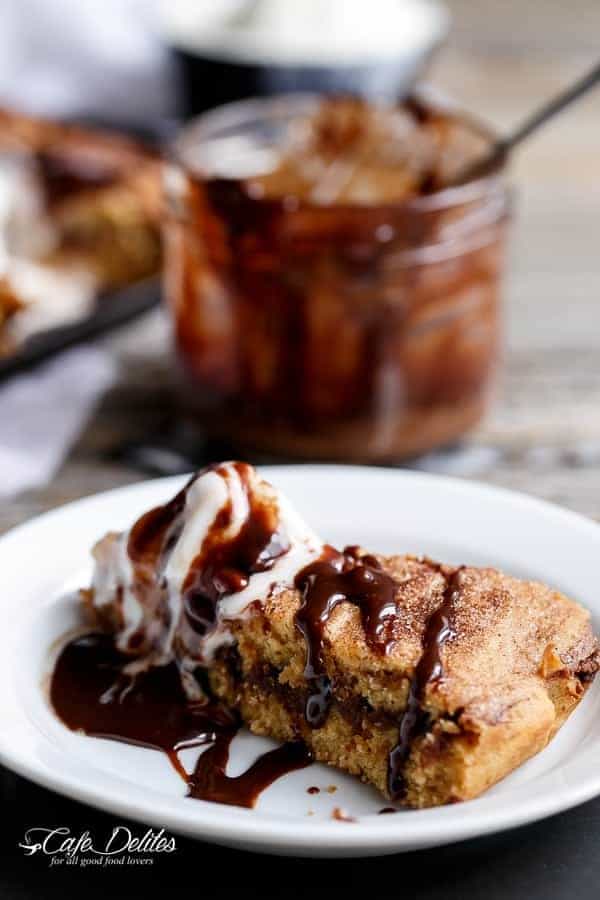 Nutella Stuffed Churro Deep Dish Skillet Cookie | https://cafedelites.com