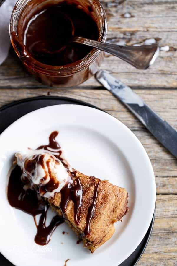 Nutella Stuffed Churro Deep Dish Skillet Cookie | https://cafedelites.com