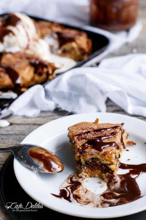 Nutella Stuffed Churro Deep Dish Skillet Cookie | https://cafedelites.com