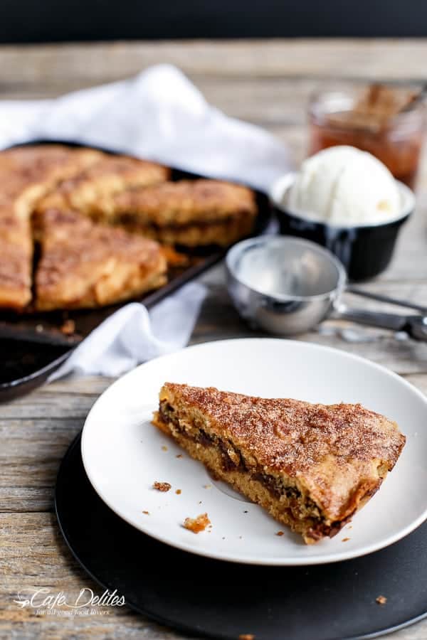 Nutella Stuffed Churro Deep Dish Skillet Cookie | https://cafedelites.com