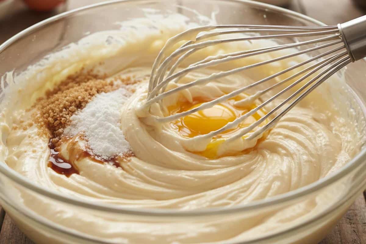 Whisking the butter, brown sugar, sweetener, vanilla, and sugar.