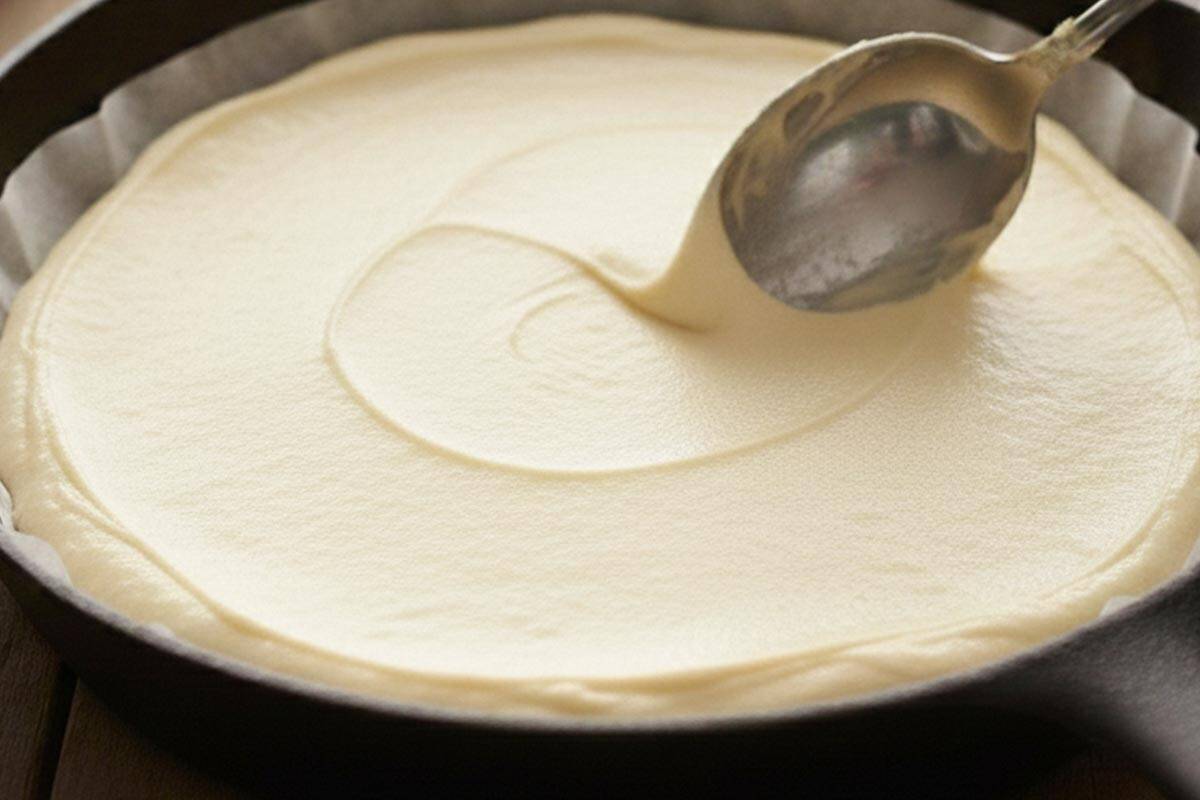 Spreading the cookie dough in a lined skillet.