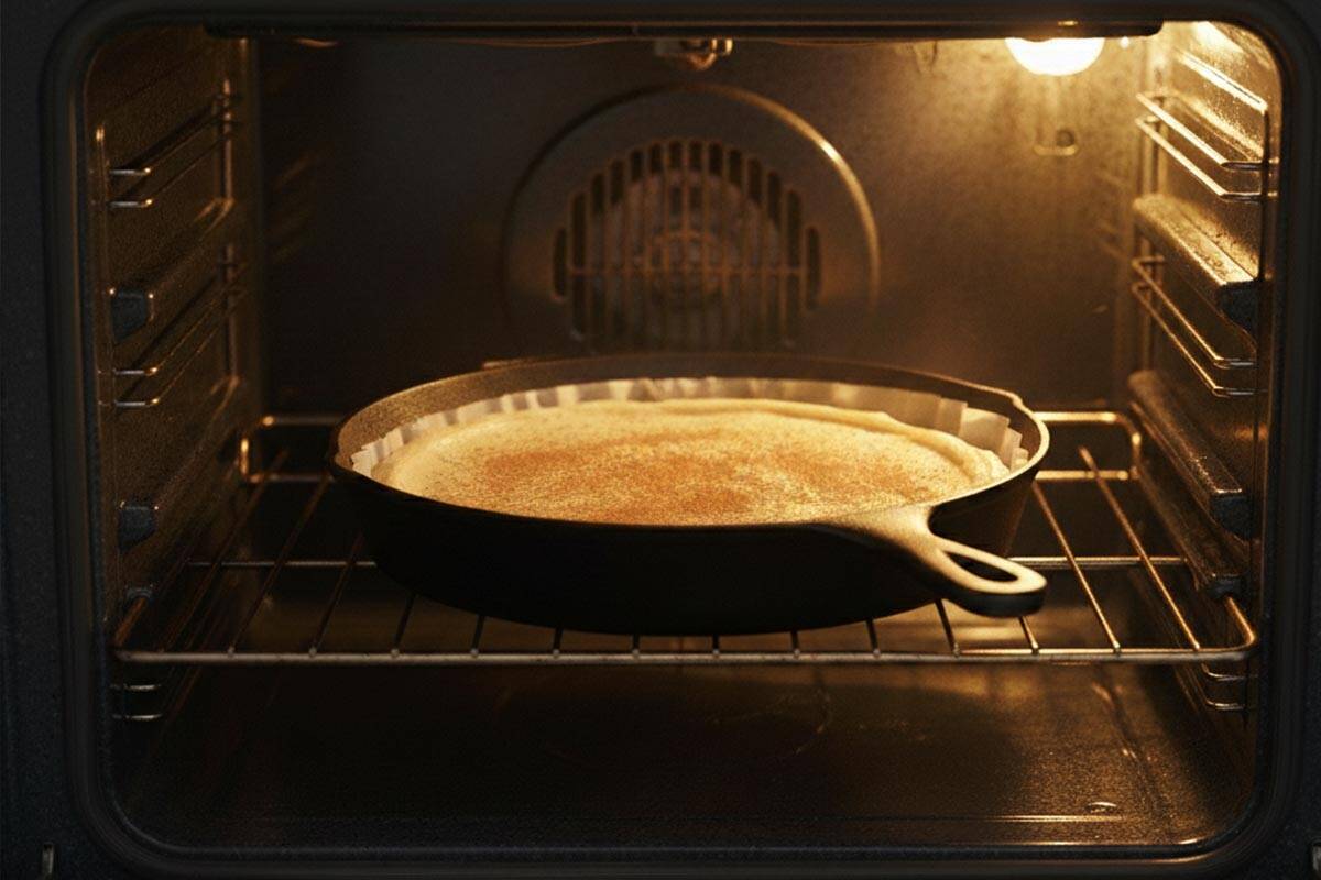Baking the cookie in the oven.