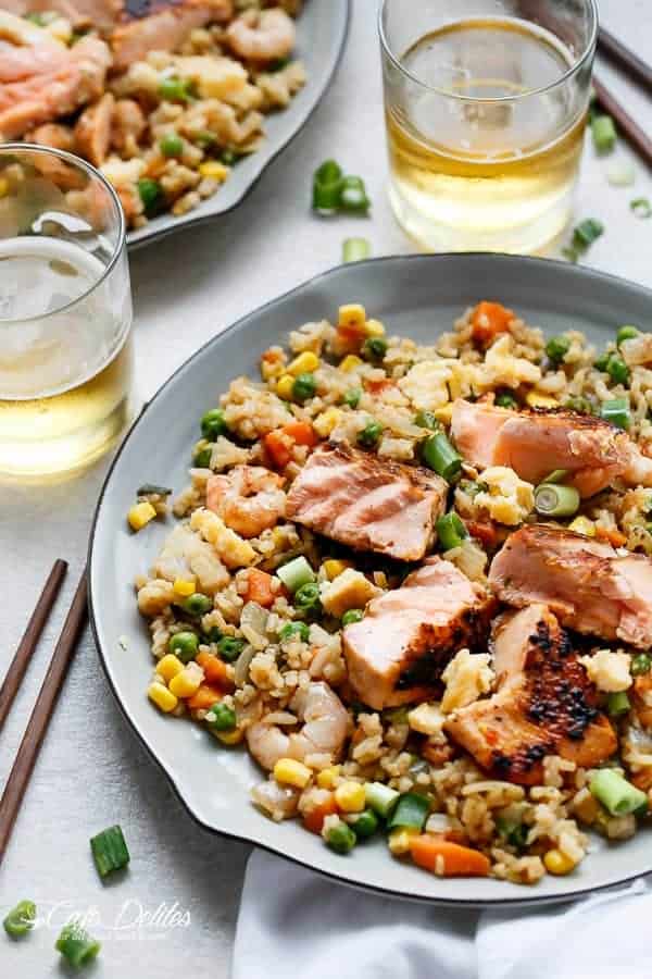 Seared Salmon And Prawn Fried Rice | https://cafedelites.com