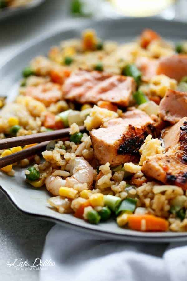 Seared Salmon And Prawn Fried Rice | https://cafedelites.com