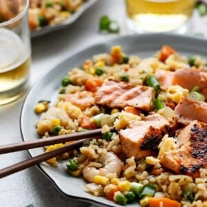 Seared Salmon and Prawn Fried Rice on a plate