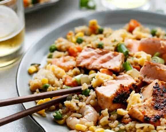 Seared Salmon And Prawn Fried Rice | https://cafedelites.com