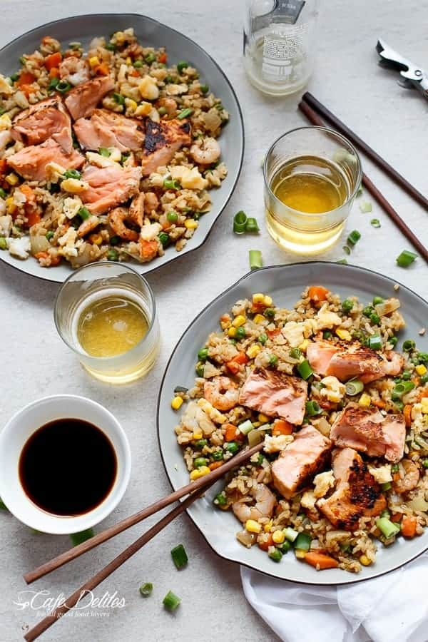 Seared Salmon And Prawn Fried Rice | https://cafedelites.com