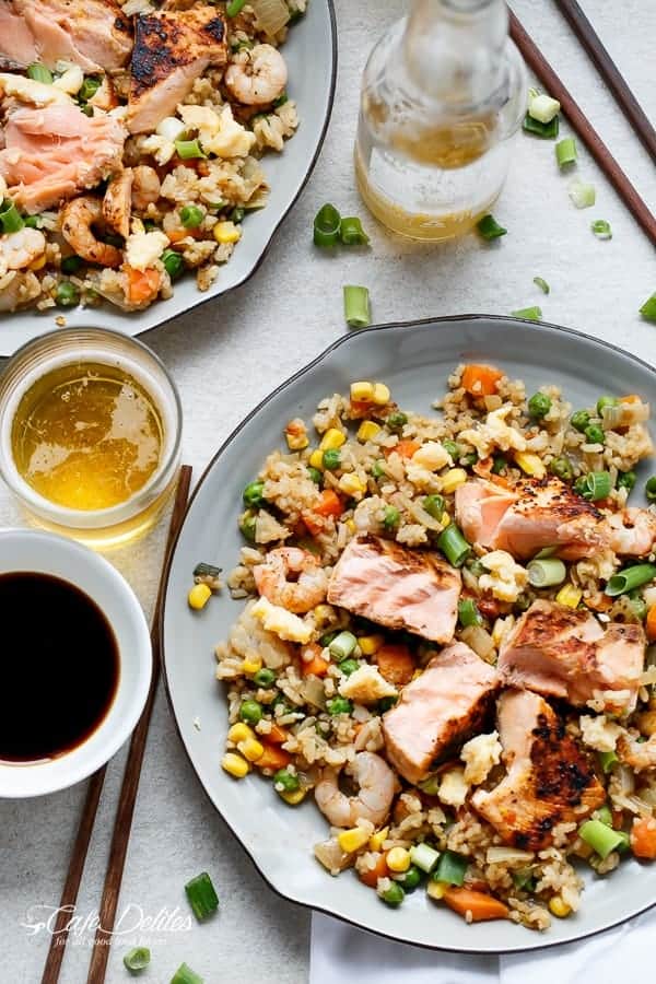 Seared Salmon And Prawn Fried Rice | https://cafedelites.com