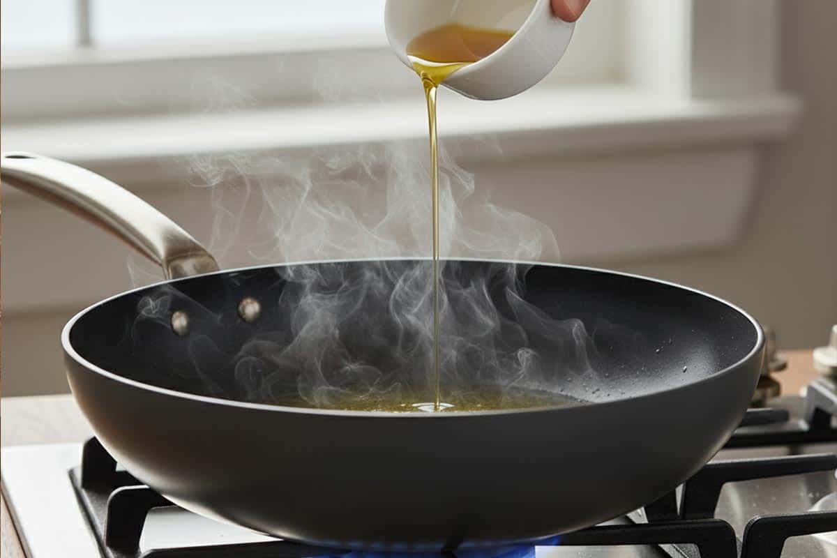 Pouring sesame oil in the pan.
