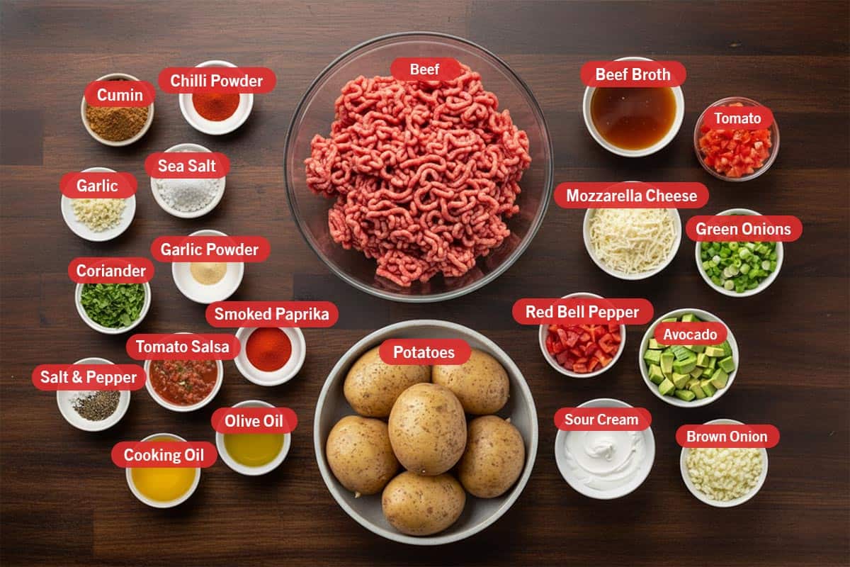 Top shot of ingredients: cumin, chilli powder, garlic, sea salt, coriander, garlic powder, salt and pepper, tomato salsa, smoked paprika, cooking oil, olive oil, beef, potatoes, beef broth, tomato, mozzarella cheese, green onion, red bell pepper, avocado, sour cream, and brown onion.