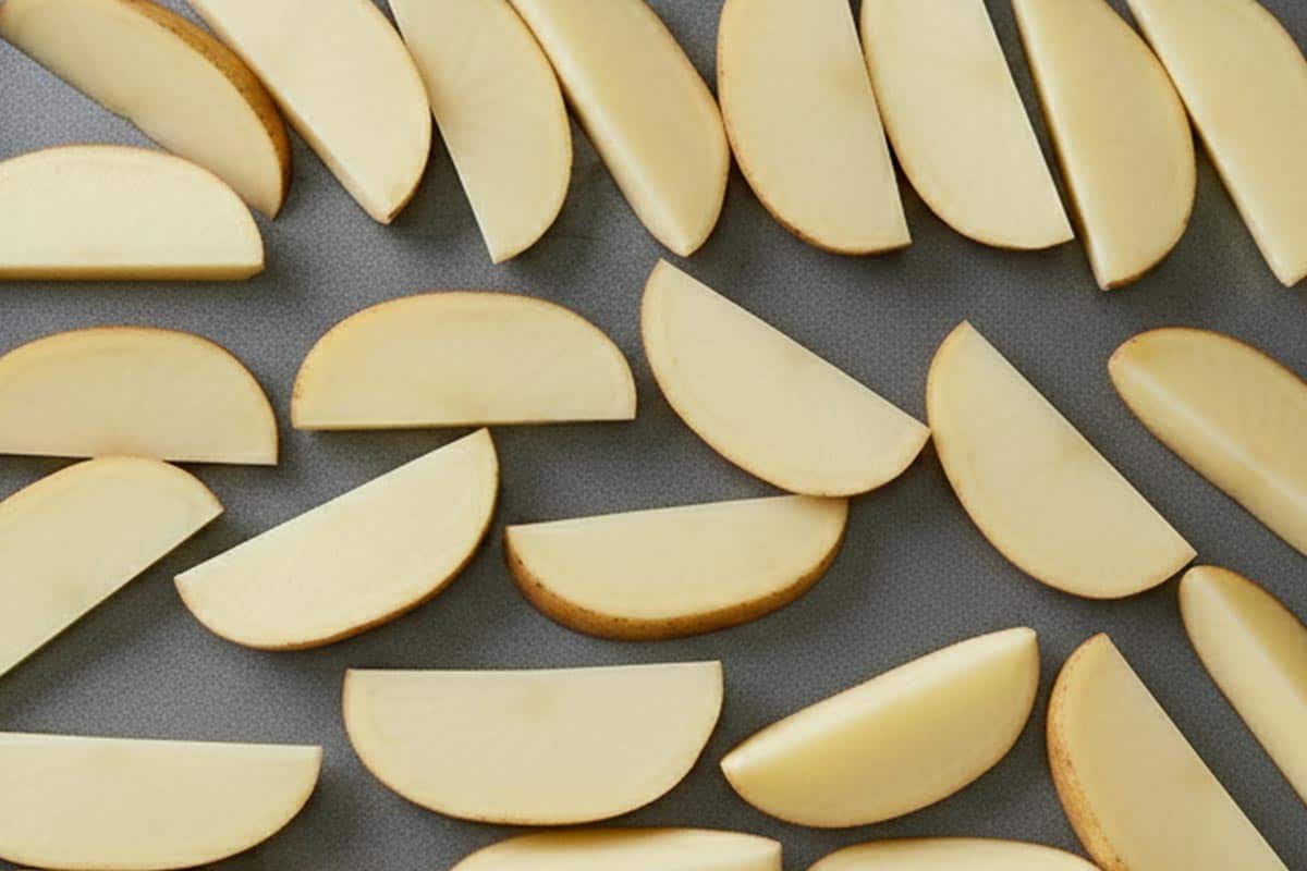 Spread out sliced potatoes on the tray.