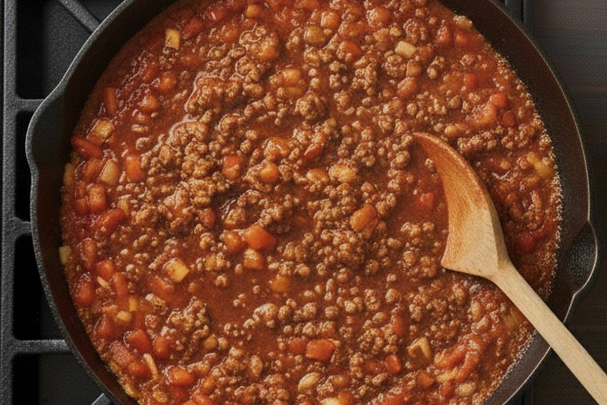 Added the ground beef along with the smoked paprika, cumin, and broth.