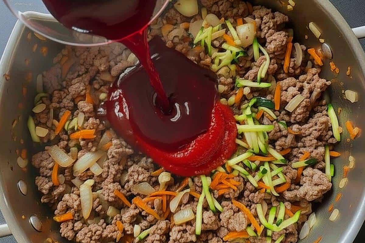 Onion, garlic, zucchini, beef, and tomato paste in a saucepan with red wine poured.