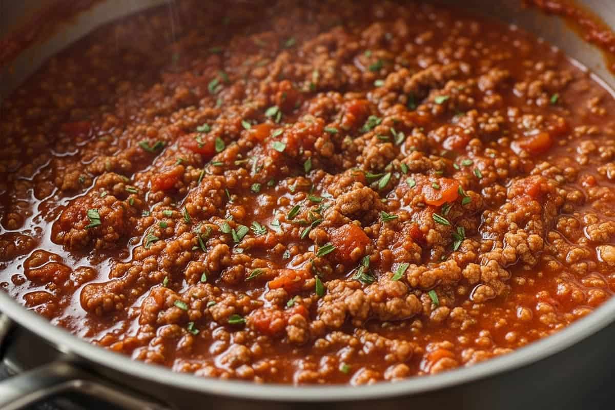 Spaghetti Bolognese sauce in a saucepan.