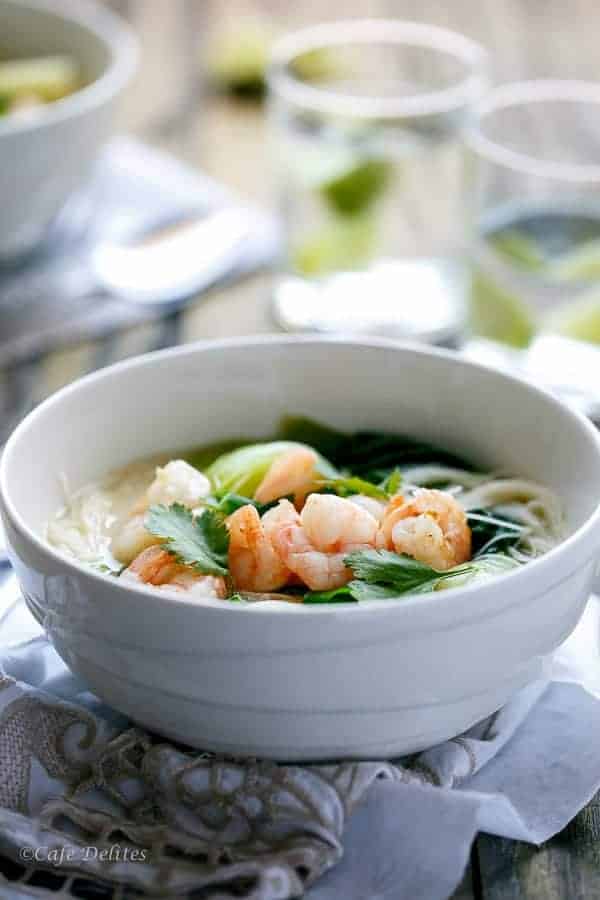 fried to crispy perfection in a Thai flavoured Coconut broth with a hint of Lemongrass Thai Style Prawn (Shrimp) and Avocado Noodle Bowls