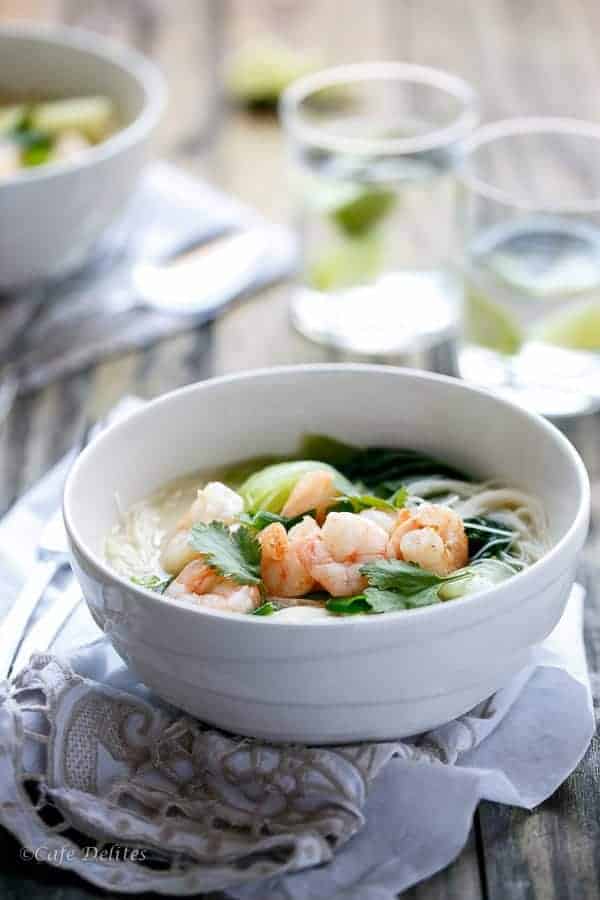 fried to crispy perfection in a Thai flavoured Coconut broth with a hint of Lemongrass Thai Style Prawn (Shrimp) and Avocado Noodle Bowls